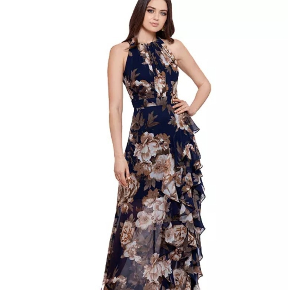 Elegant Floral Maxi Dress in Black and Brown